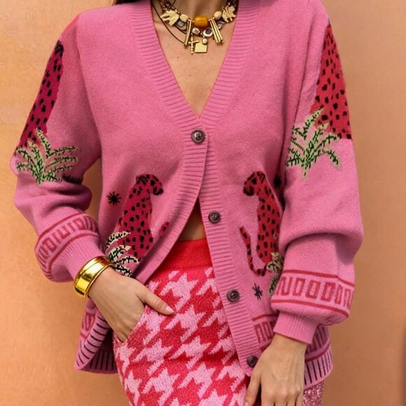 Sweaters - Pink Casual Women's Starfish Hat & Leopard Jacquard Cardigan